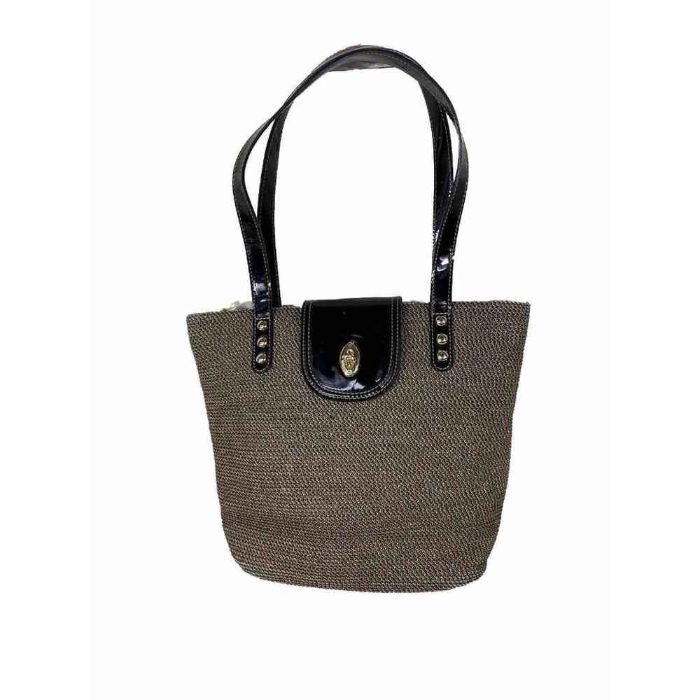 Eric Javits New York Braided Straw Patent Leather Trim Bucket Purse Handbag Bag
